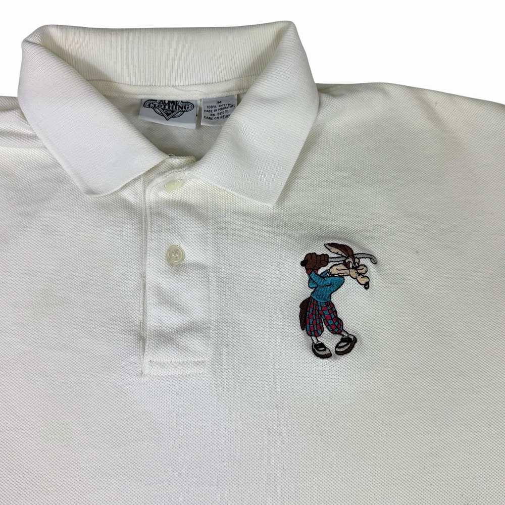 Warner Bros Golf Wile E. Coyote Mens White Polo Shirt Sz Med Looney Tunes Cotton
